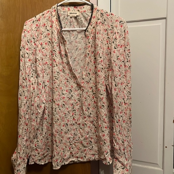 Zadig & Voltaire Tops - Zadig and Voltaire blouse.  White, pink based top.  Deep v neck.  Lace collar